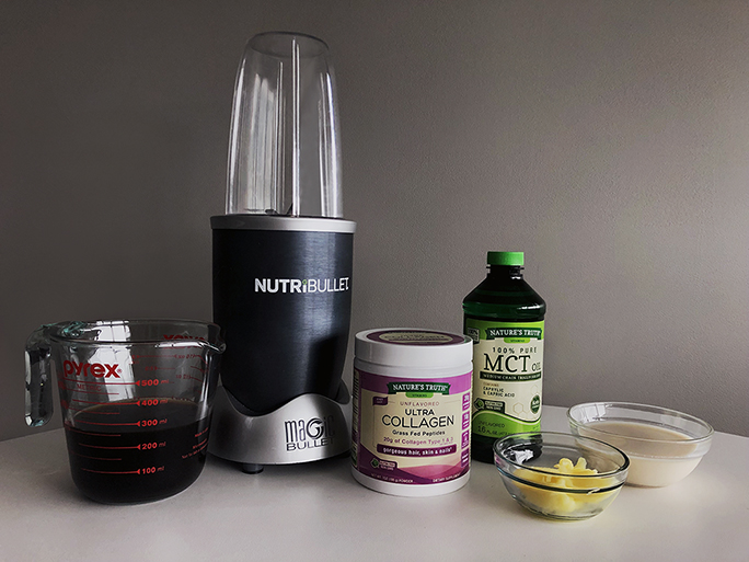 creamy, delicious keto iced coffee made with collagen powder, mct oil, ghee, almond milk